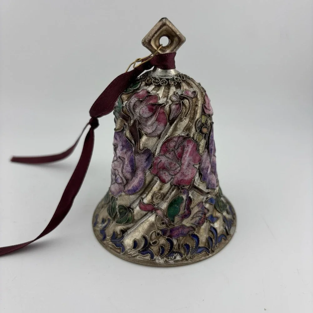 Cloisonne Floral Bell Silver Pink Excellent Rose Enamel Ornament